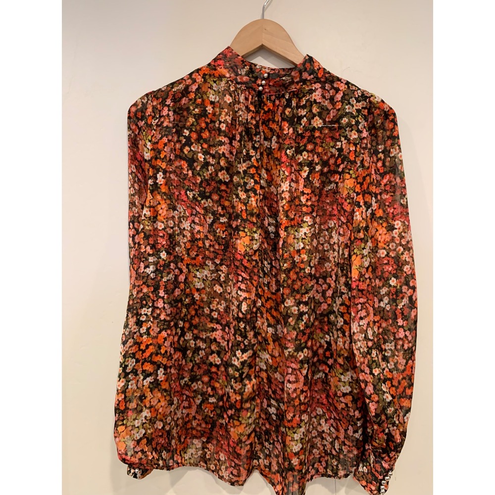 H&M Women Floral Blouse L Orange Black Cottagecore Mock Neck Balloon Sleeve - Picture 3 of 10